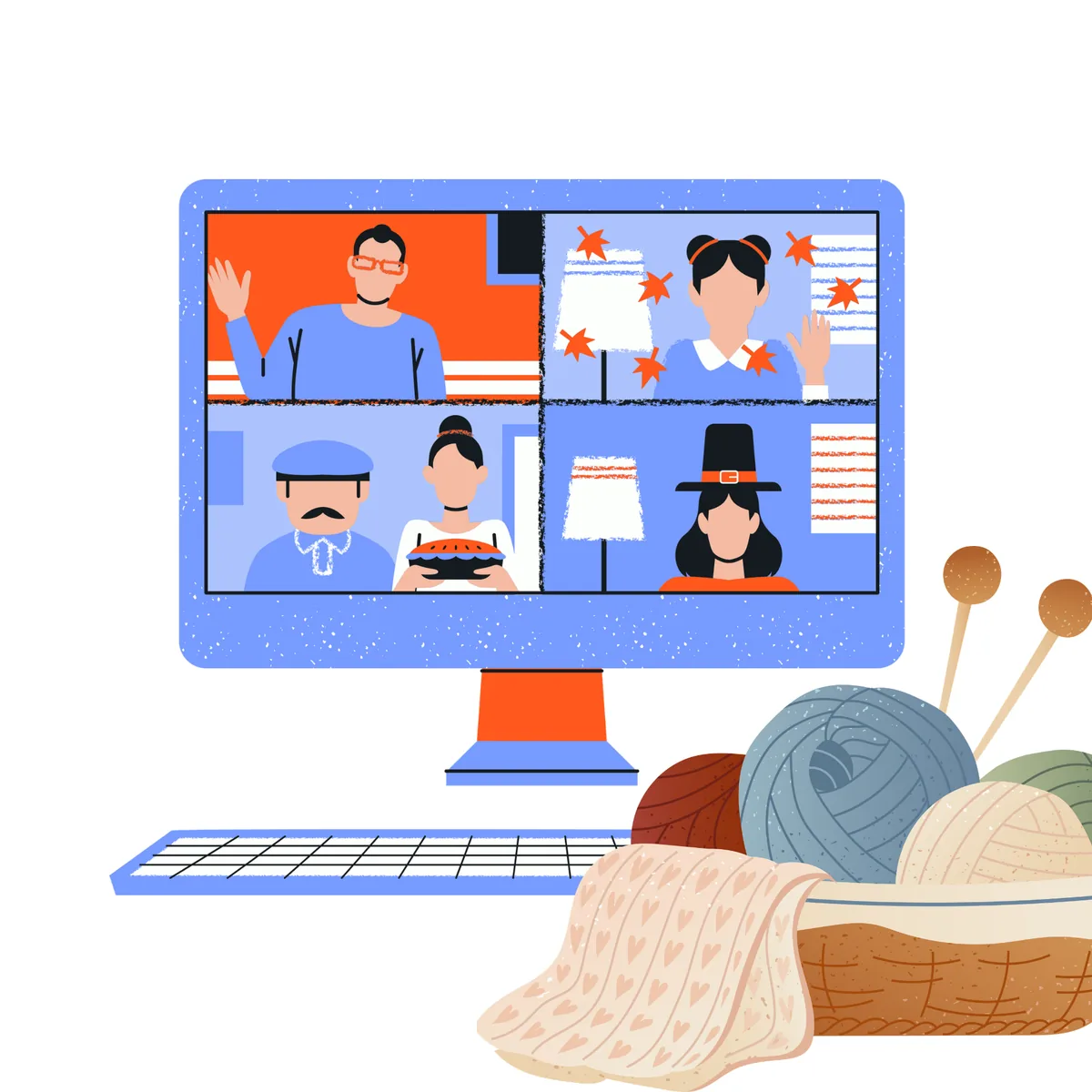 Asunder Knit virtual workshop — a video call with a basket of yarn